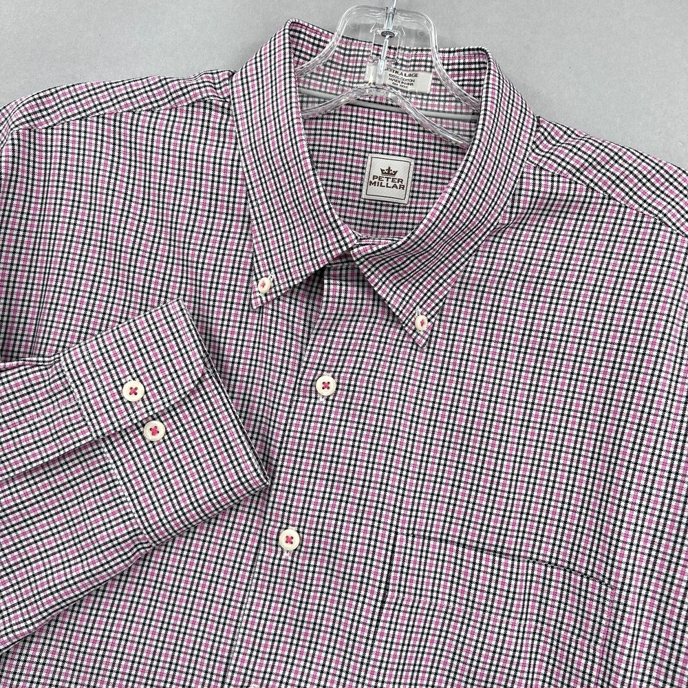 Peter Millar‎ Shirt Mens XL Pink Black Check Button Down Tattersall Twill Casual